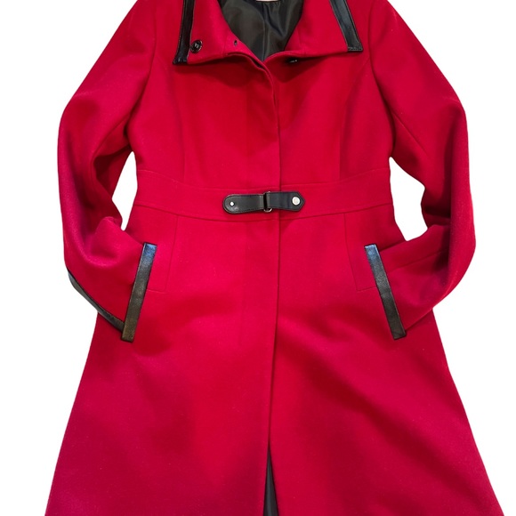 Via Spiga Red Wool + Black Faux Leather Posh Peatcoat - Picture 6 of 16